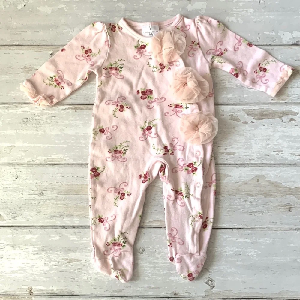 Laura Ashley 3-6m Baby Girl Pink Floral Sleeper One Piece Outfit Red Roses 3m 6m